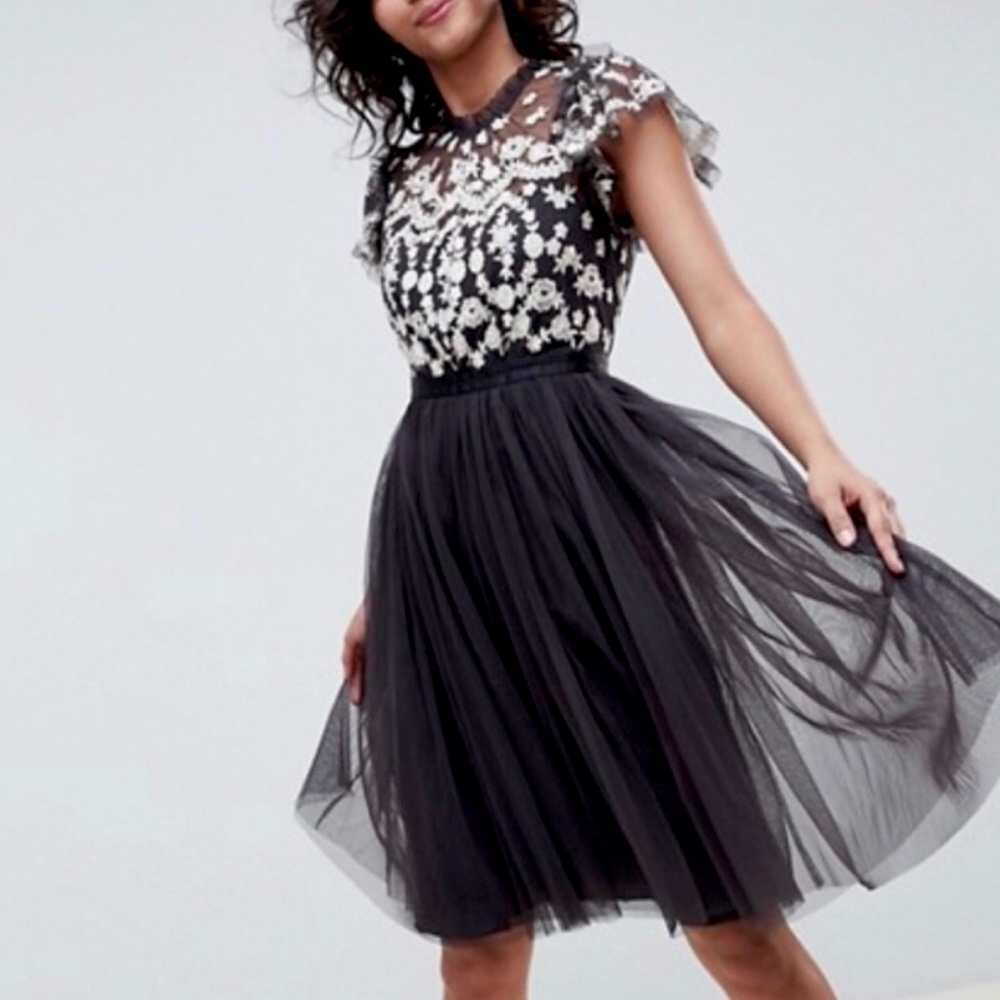 NEEDLE & THREAD Black Tulle Embroidered Dress - 0